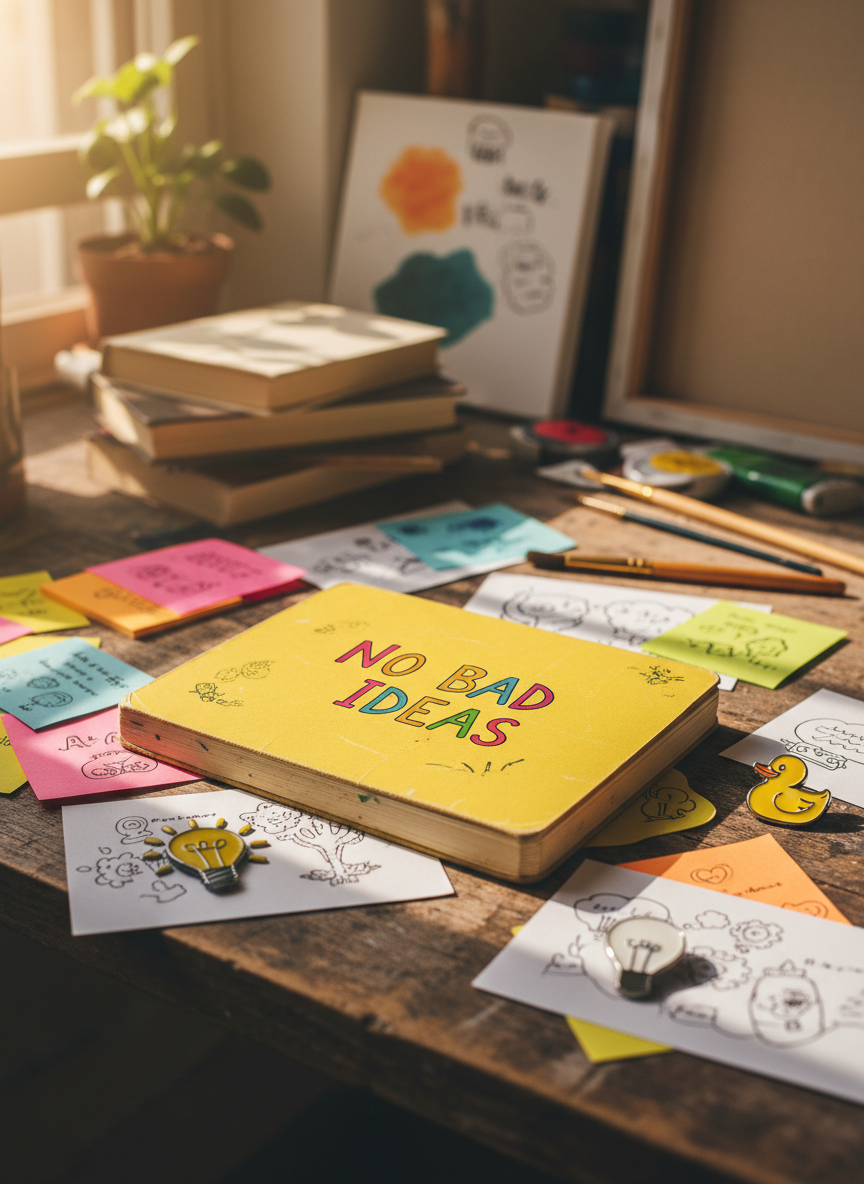 A bright yellow notebook labeled No Bad Ideas on a wooden desk surrounded by sticky notes and enamel pins.