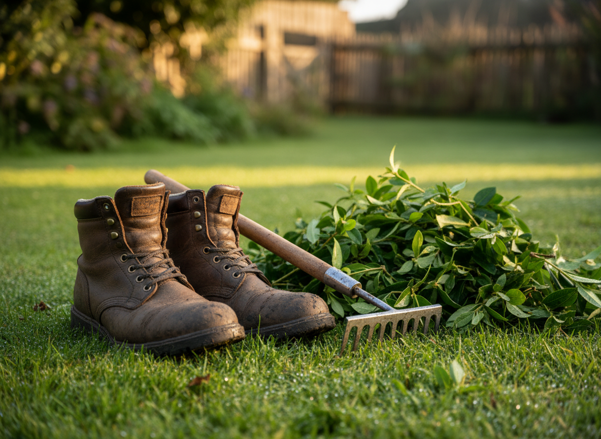 Muddy work boots beside freshly trimmed hedge clippings and a hand rake on a garden lawn.