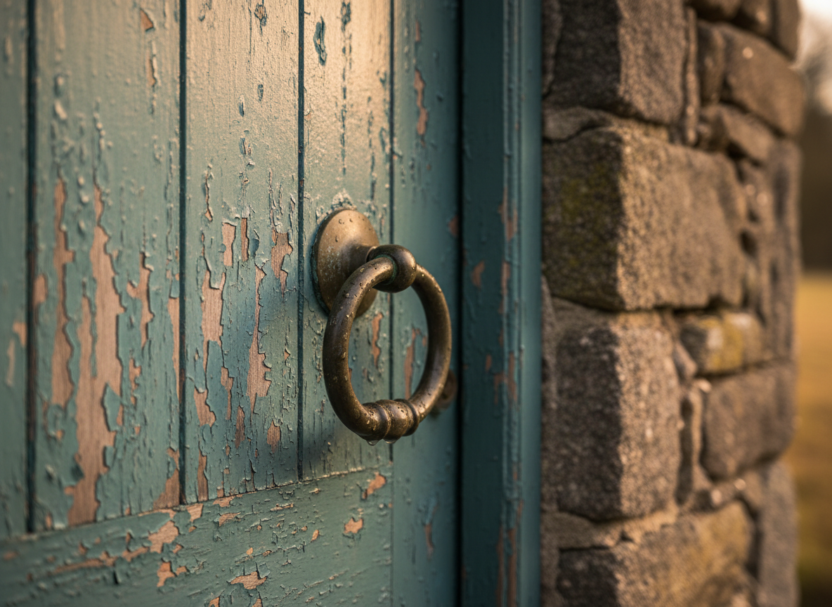 A weathered blue-green wooden front door with an aged brass handle set in a stone wall.