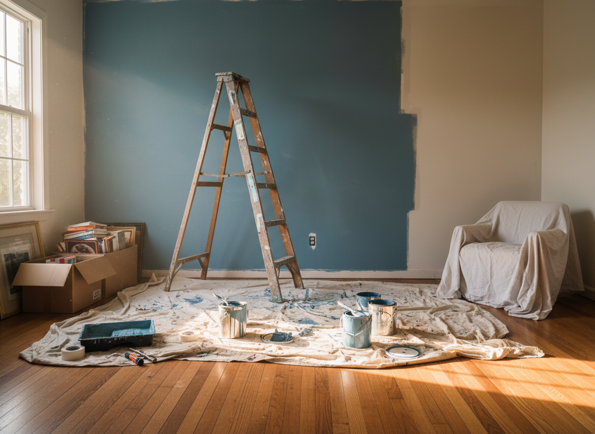 A home interior mid-renovation with a wooden ladder, paint cans, and drop cloths in warm afternoon light.