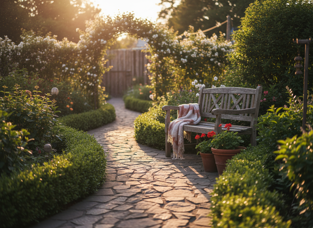 A sunlit backyard garden with a curving stone path, lush hedges, and a wooden bench in warm golden light.