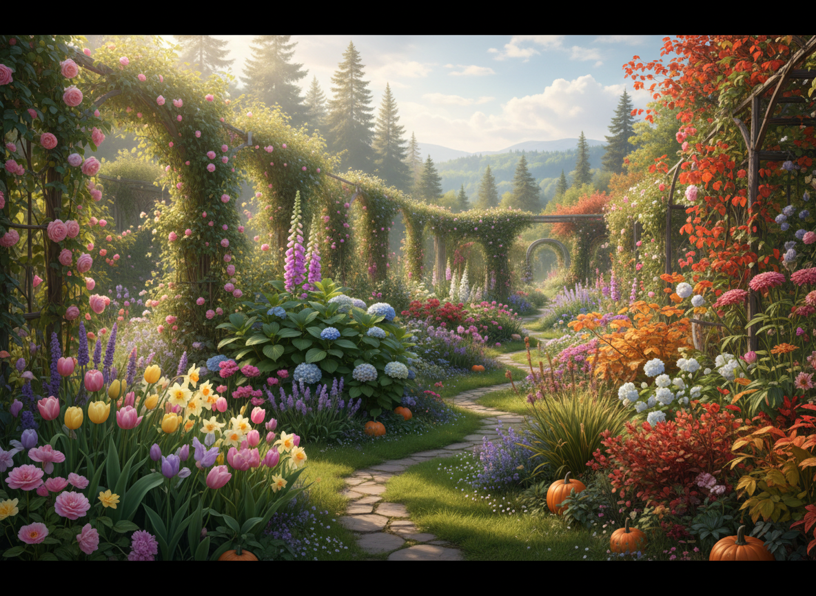 A lush garden with blooming plants and green foliage showing seasonal growth